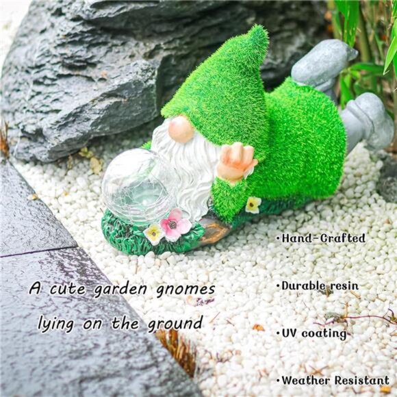 Garden Gnome Statue with Solar Crackle Glass Globe Lights, Resin Gnomes Statue - Picture 5 of 8